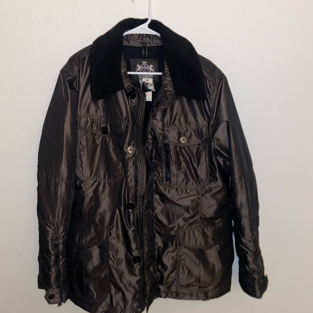 Express black punk furcoat puffer leather holographic jacket long sleeve coat